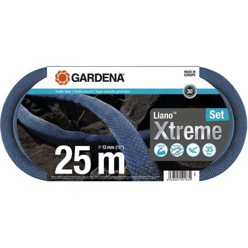 Kit tuyau Liano™Xtreme 25m. Kit complet. Tuyau d'arrosage. Léger et très résistant. 13 mm. Pression de rupture 35 bar. Tuyau textile. (18475-20)