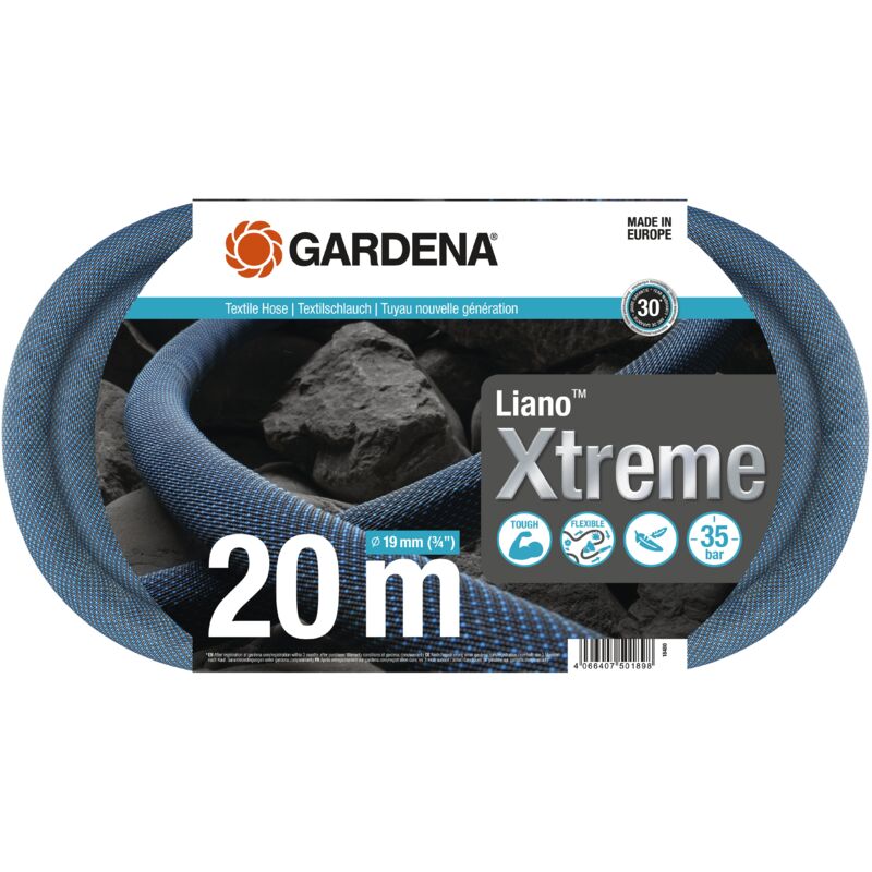 Liano™Xtreme 20m. Kit complet. Tuyau d'arrosage. Léger et très résistant. 19 mm. Pression de rupture 35 bar. Tuyau textile. (18480-20) - Gardena