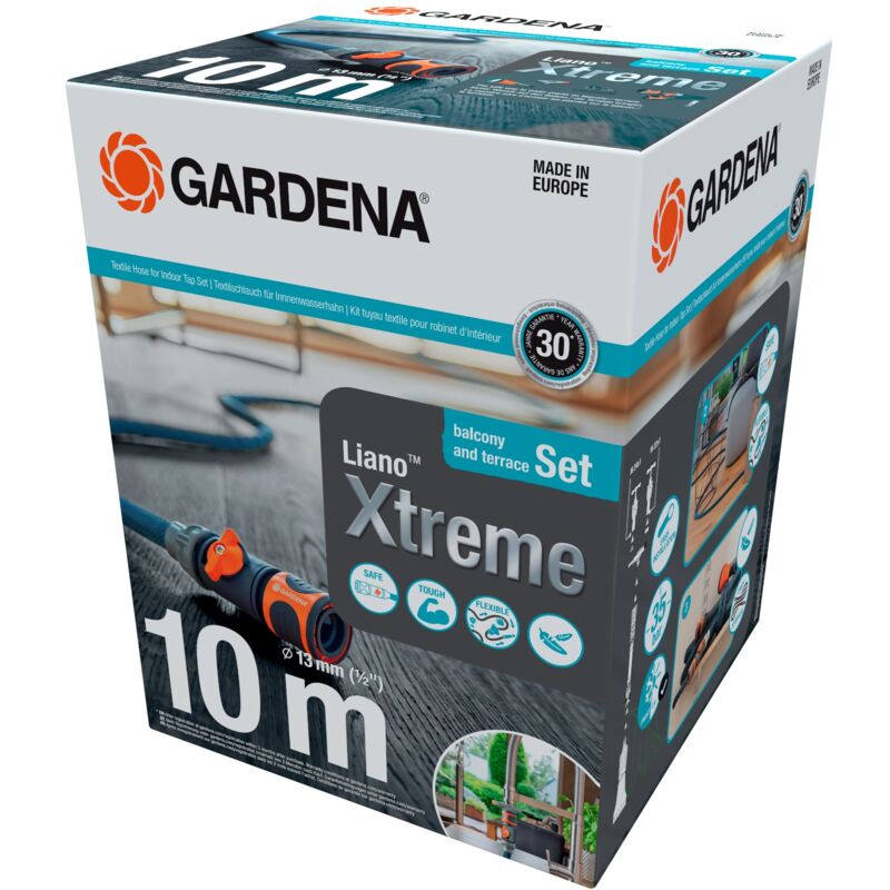 Kit tuyau Liano™Xtreme Indoor 10m. Kit prêt à l'emploi. Tuyau d'arrosage. Léger et très résistant. 13 mm. Pression de rupture 35 bar. Tuyau textile.