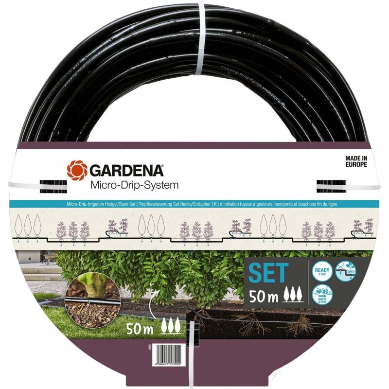 Gardena - Kit d'initiation 50 m de tuyau à goutteurs incorporés et bouchon fin de ligne. Pour les haies, buissons et arbustes. Jusqu'à 50 m. Kit prêt à l'emploi. (13501-20)