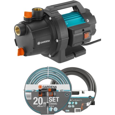 GARDENA Set Bomba sumergible 3000 l/h, 600W, y 3,5 bares de presión con manguera de 20 m, racores y manguera de aspiración incluidos (09011-47)