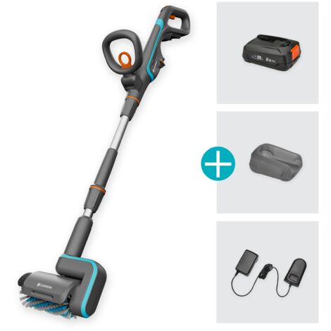 GARDENA Spazzola multifunzione a batteria AquaBrush Patio 18V POWER FOR ALL, per pulire pavimentazioni esterne, set con batteria e caricatore (14841-20)