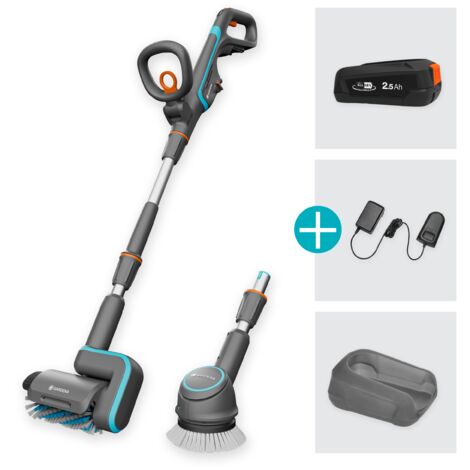 GARDENA Spazzola multiuso a batteria AquaBrush Universal 18V POWER FOR ALL, per pulire pavimenti e superfici esterni, set con batteria e caricatore (14842-20)