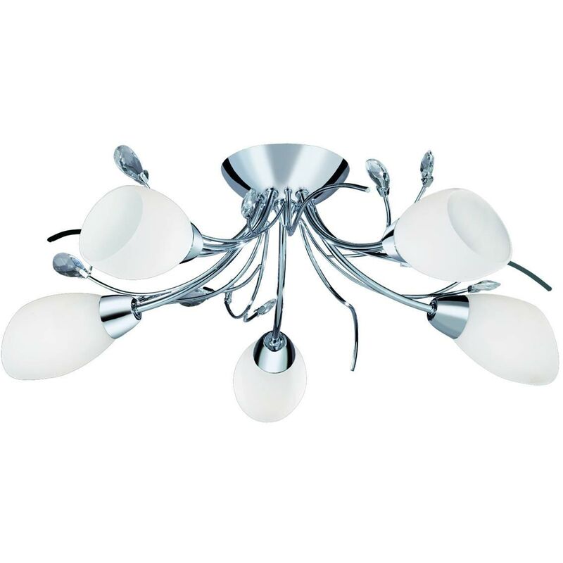 Gardenia - 5 Light Multi Arm Ceiling Semi Flush Light Chrome, Crystal and Opal Glass, E14 - Searchlight