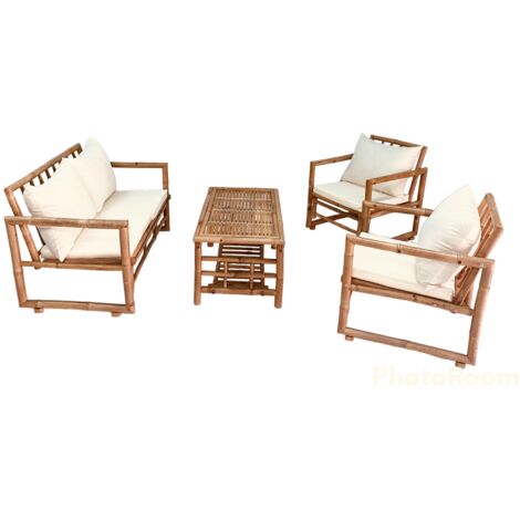 GARDENIA Salotto Hanoi, in bambù composto da:1 tavolo 90x50xh.45 cm + 1 panca 115x65xh.72 cm + 2 poltrone 60x65xh.72 cm, tessuto colore ecru 300gr/m2