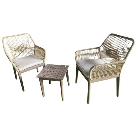 GARDENIA Set bistrot Ilaria, struttura in acacia e acciaio, con corda in PE, composto da: 1 tavolo 40x40xh.40 cm + 2 poltrone 62x62xh.88 cm + cuscini colore ecru' seduta 5 cm in poliestere, colore bei