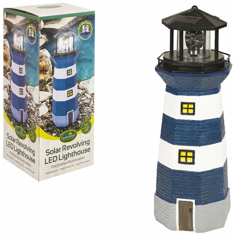 Gardenkraft - 11280 Solar Revolving LED Lighthouse/Blue and White / 40cm High/Auto-On At Dusk/Unique Garden Decoration