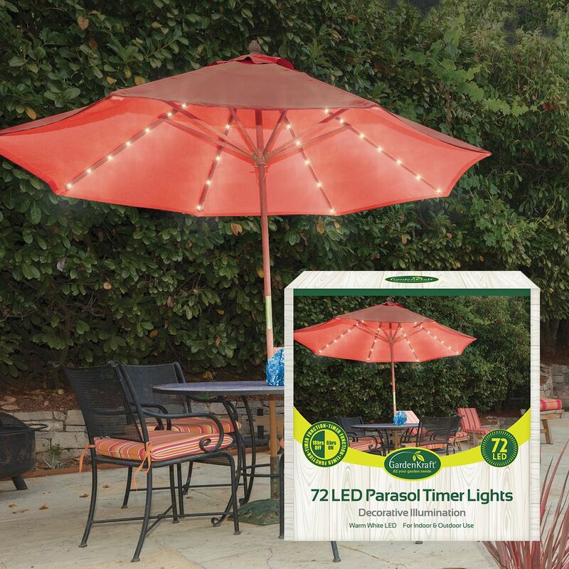 13880 72 LED Parasol Timer Lights | Warm White |Auto Timer Functionality | Indoor/Outdoor String Lights - Gardenkraft