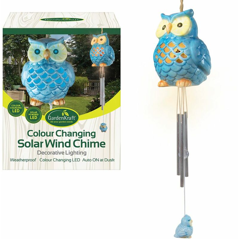 16680 Colour Changing Solar Ceramic Owl Wind Chime and Light, Blue - Gardenkraft
