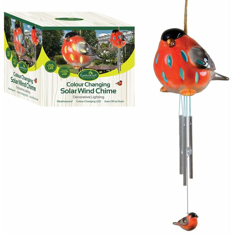 16710 Colour Changing Solar Ceramic Bullfinch Wind Chime and Light, Red - Gardenkraft