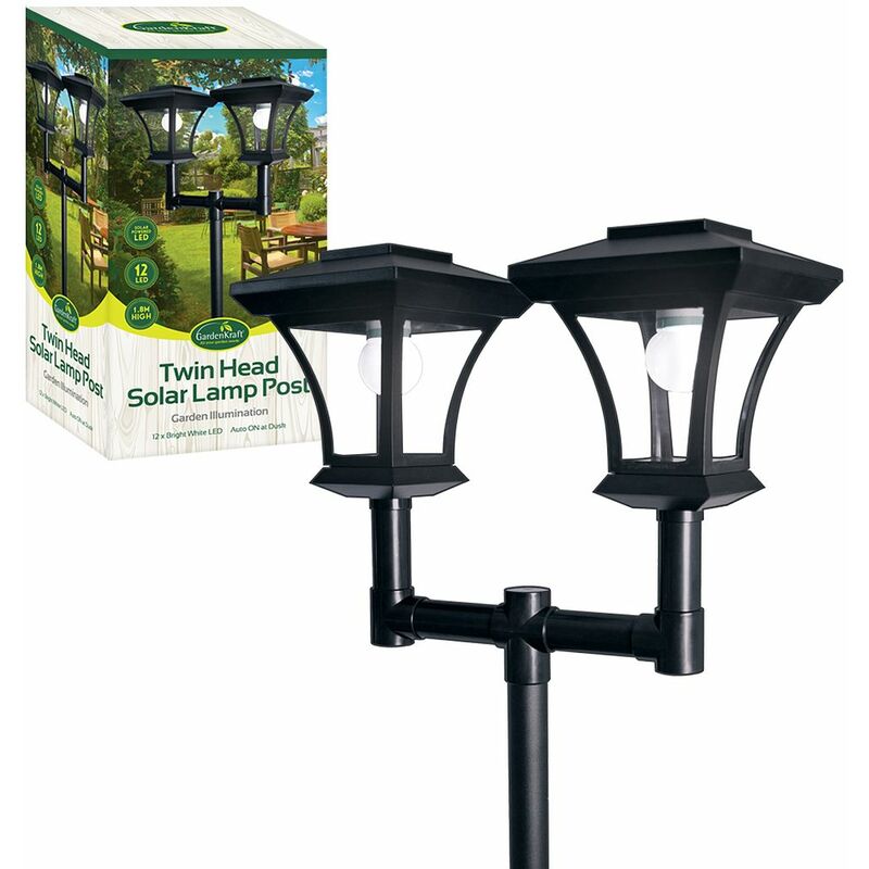 Gardenkraft - 19510 1.8m Twin Head Solar Lamp Post | Decorative Outdoor Illumination | 12 LED Lights | Traditional Garden Lighting | Weatherproof |