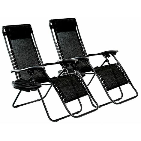 GardenKraft 24019 Set Of 2 Deluxe Lounger Garden Chairs / With Headrests & Cup Holders / Steel Frames / Ultra-Durable Textilene Materials / Black Colour