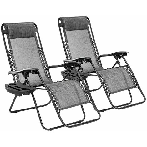 GardenKraft 24029 Set Of 2 Deluxe Lounger Garden Chairs / With Headrests & Cup Holders / Steel Frames / Ultra-Durable Textilene Materials / Grey Colour