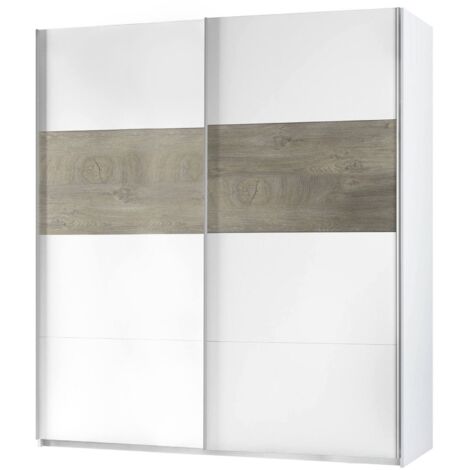 Garderobe Elgin, Schlafzimmer Kleiderschrank mit 2 Schiebetüren, Schrank mit Kleiderstange und 3 Einlegeböden, cm 180X60h200, Weiß und Eiche