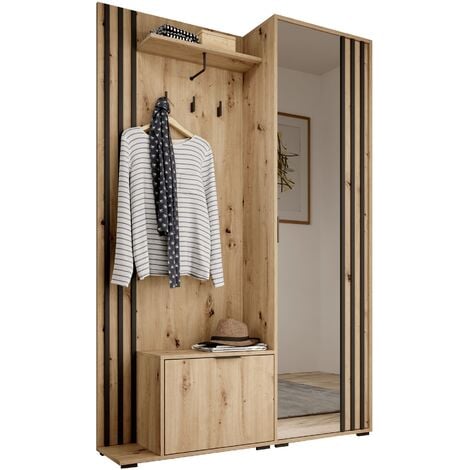 E-MEUBLES Garderobe mit Spiegel Flurgarderobe Schrank Kompaktgarderobe Dielenschrank Wandschrank Regal Diele & Flur Kleiderschrank Schuhschrank 135x197x34 cm - JOHN (Artisan + Schwarz)