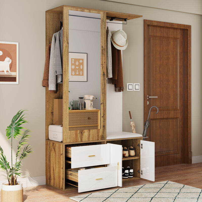 Stilvora Garderobe Mit Spiegel, Schuhbank, Schuhschrank Und Ausziehbarer Kleiderstange, 2 Haken, Modern, Aus Spanplatte, 100×38×180 Cm, Weiß Natur