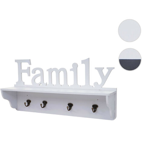 Garderobe murale HWC-D41 Family, planche vestiaire, étagère, 4 crochets massifs 30x60x13cm - noir/blanc