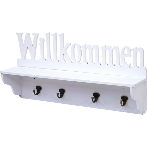 Garderobe murale HWC-D41 Willkommen, planche vestiaire, étagère, 4 crochets massifs 30x60x13cm - blanc
