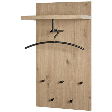 Garderobe murale, patère murale en bois coloris chêne clair et métal noir -longueur 48 x profondeur 31 x hauteur 90 cm