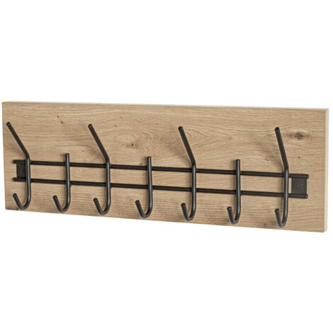 Garderobe murale, patère murale en bois coloris chêne clair et métal noir -longueur 60 x profondeur 10 x hauteur 20 cm
