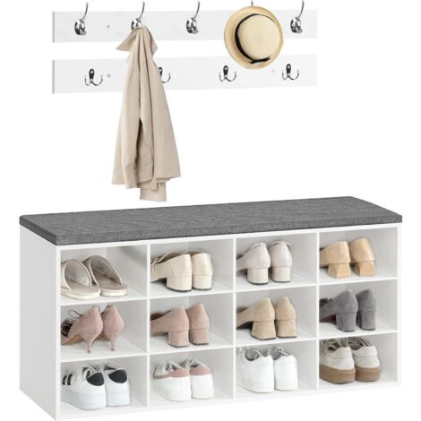 Garderobe Schuhregal Set, Schuhbank mit 12 Fächern, Schuhregal mit gepolsterter Sitzbank, Wandgarderobe mit 9 Haken, Schuhschrank für Flur, Eingangsbereich, HOOBRO EWT112HX01