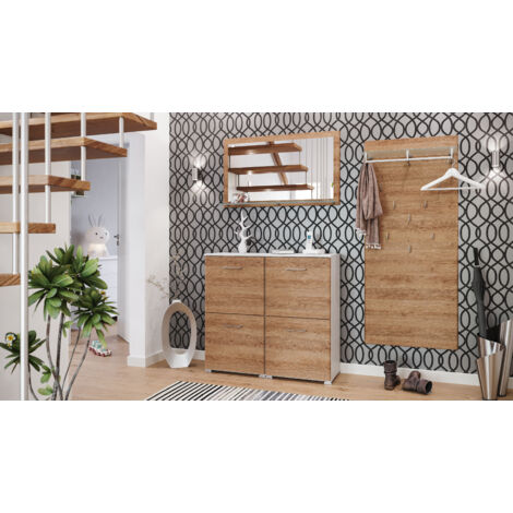Garderobe Set 005 Detroit 4 tlg Schuhschrank 4 Klappen 16 Paar Weiss-Eiche