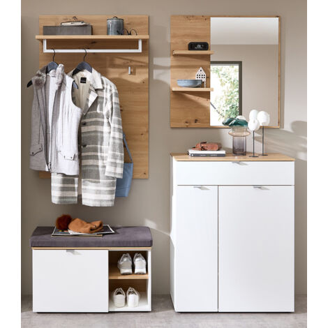 Garderoben Set 4-teilig mit Schuhschrank weiß matt mit Eiche BLISS-36