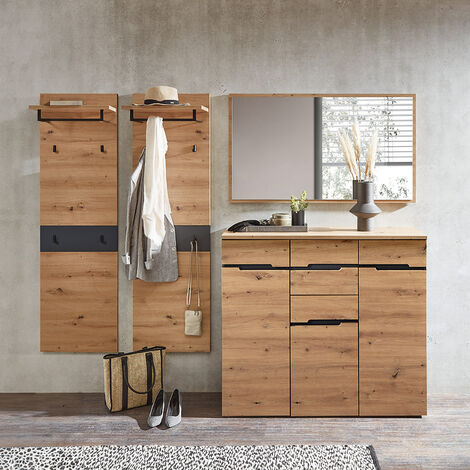 Garderoben Set 4-teilig modern mit Spiegel, Kommode, 2 x Paneel MANRESA-36 in Artisan Eiche Nb. mit Graphit