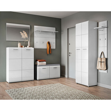 Garderoben-Set 6-teilig mit Garderobenschrank, 2x Garderobenpaneel weiß Hochglanz MALABO-129