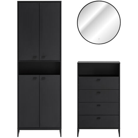 Garderoben Set inkl. Schuhschrank und Spiegel mit LED-Hintergrundbeleuchtung JULBACH-80 in Schwarzmatt, B/H/T: ca. 135,4/185,5/33,05 cm