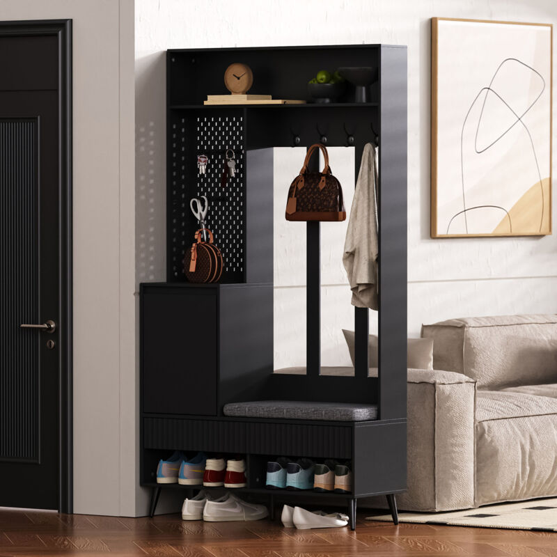 Stilvora Garderoben-set Mit 4 Haken, 2 Schubladen, 1 Tür Und Sitzbank Mit Kissen, Modern, Aus Mdf, Schwarz, 100×35×180 Cm