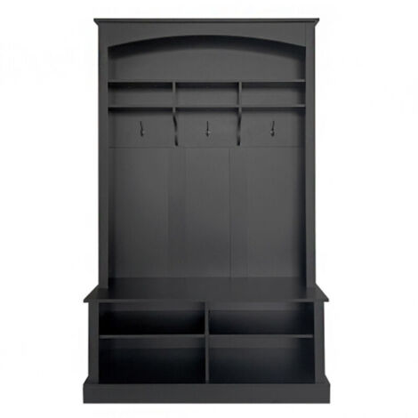 Garderoben-Set mit Bank und Schuhablage, multifunktionale Aufbewahrungsbank mit 3 hängenden Haken & offenem Stauraum, rechteckige Aufbewahrung & Regale Garderobe für Flur, Schwarz, H190/B120/T40 cm