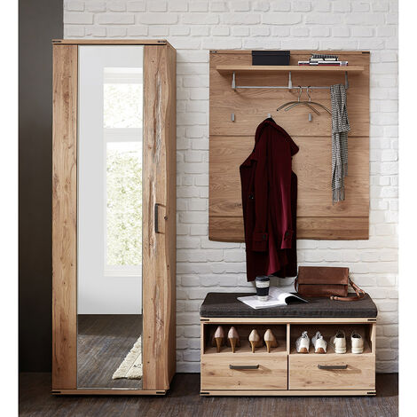 Garderoben Set mit Garderobenpaneel, Sitzbank und Garderobenschrank in Eiche teilmassiv BESKO-55