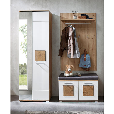Garderoben-Set mit Garderobenschrank, Garderobenbank und Sitzpolster 3-teilig in Eiche mit weiß Hochglanz, FARGO-36