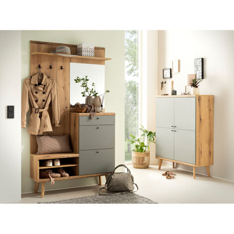 Garderoben-Set mit Garderobenschrank & Highboard in Eiche mit Grün im Mid Century-Stil, 2-teilig - AVEZZANO-61