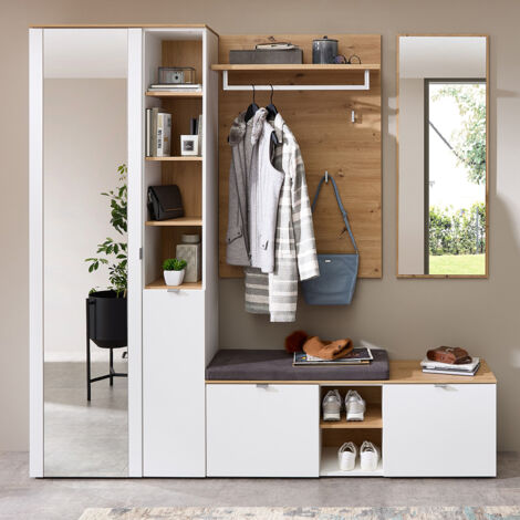 Garderoben Set mit Garderobenschrank weiß matt mit Eiche BLISS-36, 4-teilig