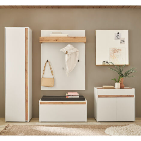 Garderoben Set mit Spiegel in weiß mit Eiche CRISP-61, 5-teilig modern