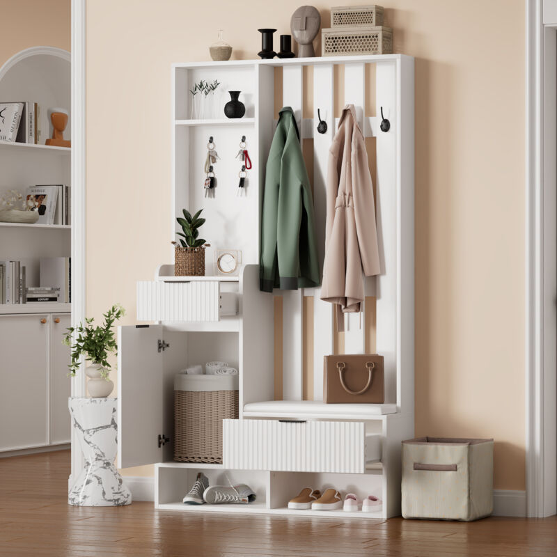 Modenvie Garderobenmöbel Mit 8 Haken, 2 Schubladen, 1 Schrank Und Schuhbank, Für Flur Und Eingangsbereich, 100 X 30 X 180 Cm