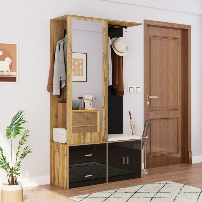 Stilvora Garderobenmöbel Mit Spiegel, Schuhbank, 2 Haken, Ausziehbarer Kleiderbügel, Hochglanz, Schwarz Und Natur, 100×38×180 Cm