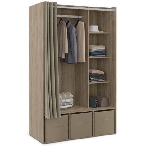 Garderobenschrank DIANE 105 x 50 x 172 cm Buche mit Regalen + Aufbewahrungsboxen + taupefarbener Vorhang