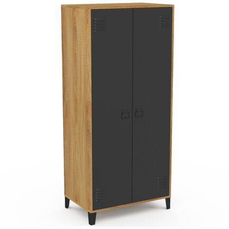 Garderobenschrank ESTER 2 Türen Metall schwarz und Holzkontur Industriedesign