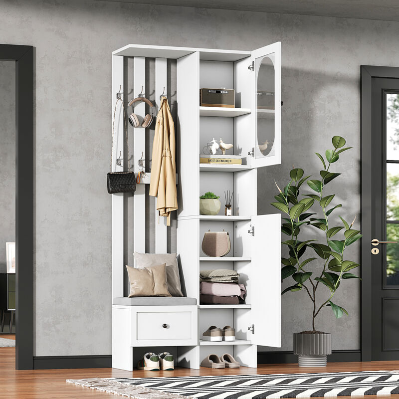 Stilvora Garderobenschrank Mit 2 Schränken, 6 Haken, Schuhbank Mit Polster, Türen Aus Hartglas, Weiß, 85×33, 5×200 Cm
