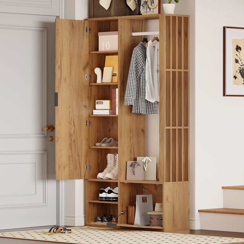 Stilvora Garderobenschrank Mit 2 Schränken Und Spiegel, 9 Stauräume, Klapptür, Minimalistisches Design, Aus Spanplatte, Natur, 100×33×190 Cm