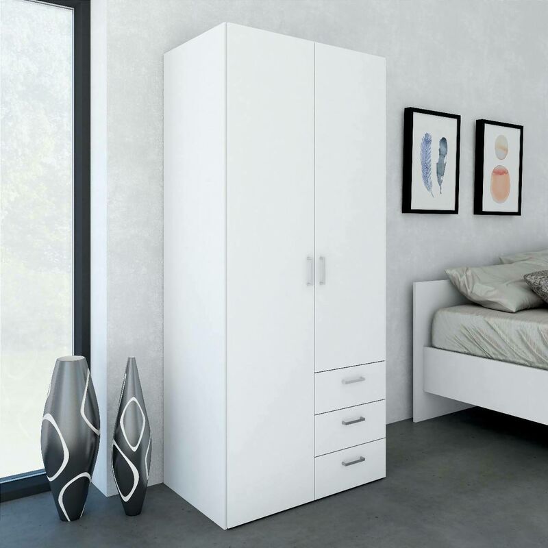 Kleiderschrank 2 Türen 3 Schubladen 77,6x175,4x49,5, Struktur aus Melaminblech, Weiß