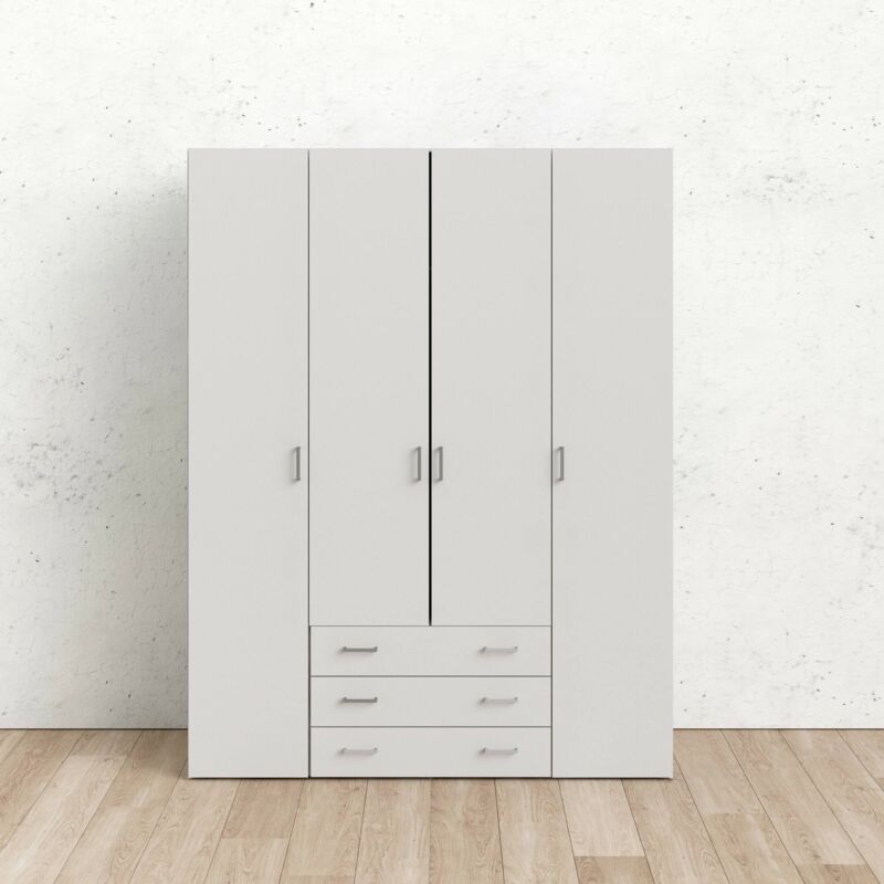 Kleiderschrank 4 Türen 3 Schubladen 154x200,4x49,5, Folie und Melamin, Weiß