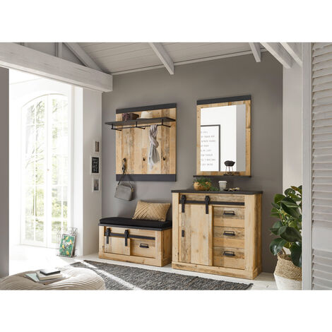 Garderobenschrank Set inkl. Spiegel SHELTON-61 in Old Style hell mit anthrazit, B/H/T: ca. 206/200/43 cm