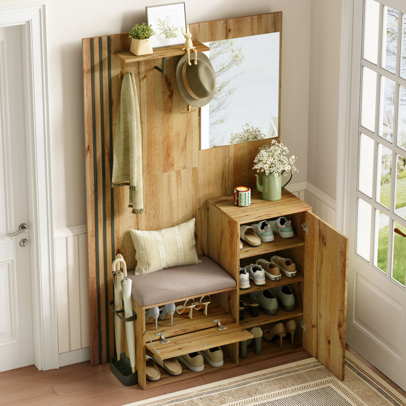 Modenvie Garderobenset Mit 2 Türen, Spiegel, Gepolsterter Sitzfläche, Kleiderstange Und Schirmablage, Mdf, 115 X 37 X 185 Cm