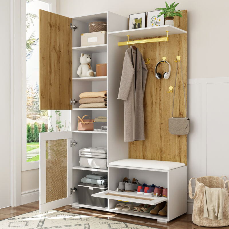 Modenvie Garderobenset Mit 3 Türen, Spiegel, Sitzbank, Kleiderhaken Und Offenen Fächern Mit Led, Weiß Und Holz, 110×38×190 Cm