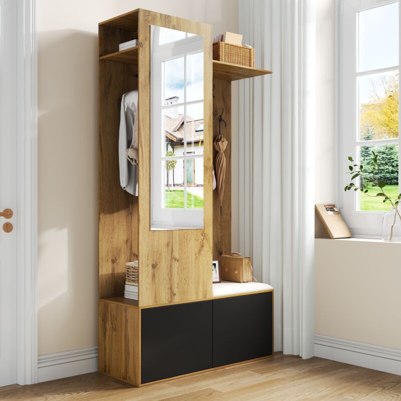 Stilvora Garderobenset Mit 5 Haken, Spiegel, 2 Schuhschränken Und Sitzbank, Modern, Aus Mdf, Schwarz Natur, 100×38×191 Cm