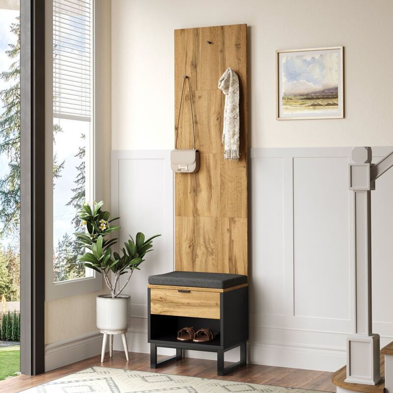 Garderobenset mit Schuhhocker und Kissen,Hängeaccessoires an der Vorderseite und Schubladen in Naturel